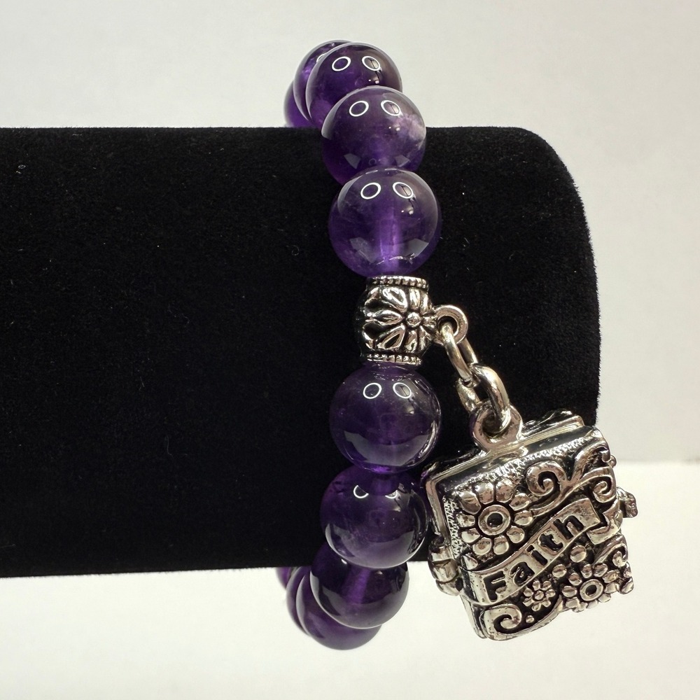 Amethyst Glass Beaded Charm Bracelet Faith Locket Rhinestone Accents Jewelry Sz6